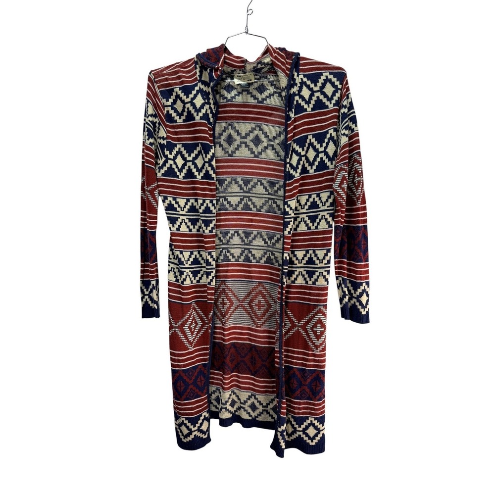 Aztec Duster Hooded Cardigan Womens 2X Knit Sweater Open Front Southwestern Boho